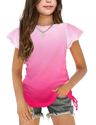 Image of Arshiner Girls T Shirts Ruffle Short Sleeve Ruched Knot Side Tunic Blouse Summer Tee Tops