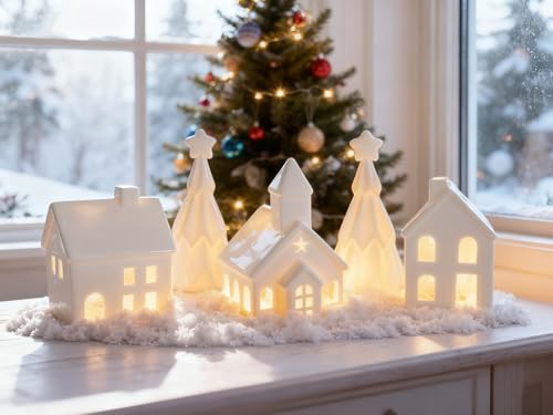 Christmas Village Sets- Ceramic Christmas Decorations 5Pcs- Porcelain Light Up Farmhouse Village, 3 Lighted Village Houses and 2 Pine Trees, Tabletop Xmas Decor for Home, Winter Holiday Display