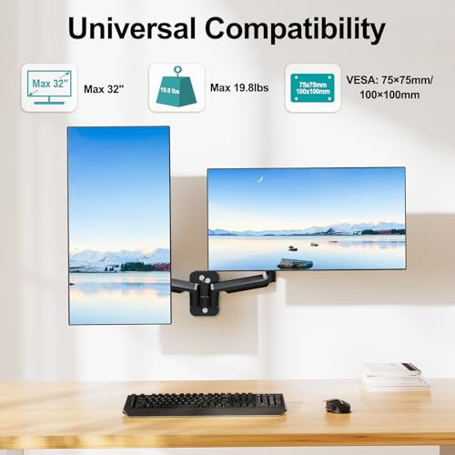 Image of MOUNT PRO Dual Monitor Wall Mount for 13 to 32 Inch Screens, Wall Monitor Arm for 2 Monitors, Each Holds Up to 19.8lbs, Full Motion Wall Monitor Mount with VESA 75x75 /100x100, Home Office Setup