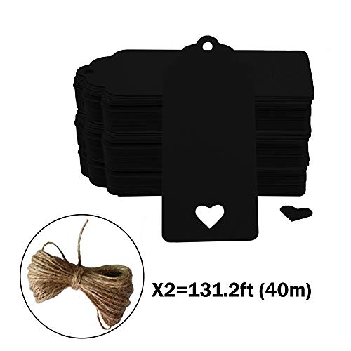200pc Hollow corazón Kraft etiquetas de papel, crivers 1,6 x 3,5 pulgadas etiquetas de regalo con libre 65.6 Pies Naturales Yute Twine para Navidad boda Favor regalo, color negro