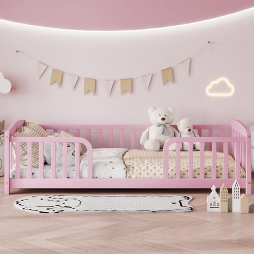 Image of Bellemave Twin Size Montessori Floor Bed Frame with High Fence, Solid Wood Kids Floor Bed with Central Entrance, Low Profile Bed for Boys & Girls, Rounded Corner Design,Pink