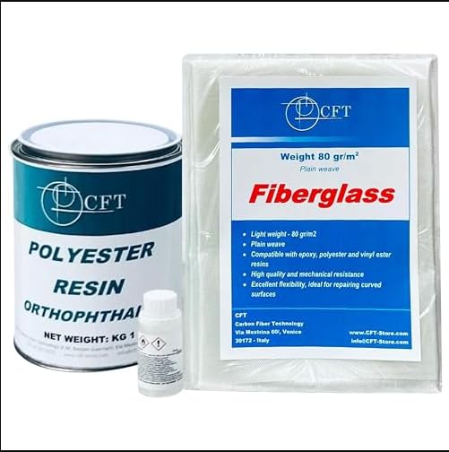 Kit de reparación de fibra de vidrio con 1 kg de resina de poliéster + tejido de 80 g/m² de 80 g/m², para coches, barcos, hormigón, madera, metal | resistente, duradero, lijable, fácil de usar