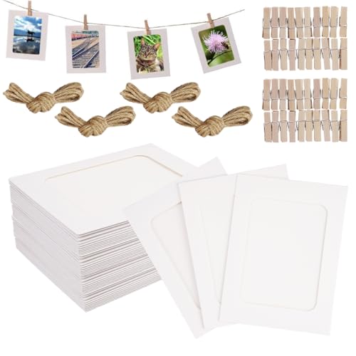 40 peças moldura para fotos de papel Kraft, 11,5 x 15,5 cm molduras para fotos de cartão, Papier Fotorahmen com clipes de madeira e cordas de cânhamo, Cornici porta-foto em cartone, para sala de estar