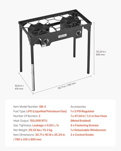 Image of VEVOR 2 Burner Outdoor Propane Gas Stove, 150,000 BTU Propane LPG Gas Camping Stove, Heavy Duty Carbon Steel Outdoor Cooker, with Shield & Tall Stand & PSI Regulator, for BBQ Camp Home Patio Backyard