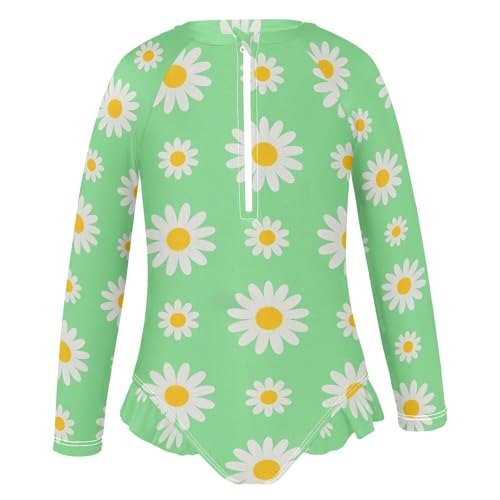 Swim Suit Long Sleeves 1 Piecing Lovely Daisy Floral Green White Rash Guard for Girls Toddler Bathing Suit2
