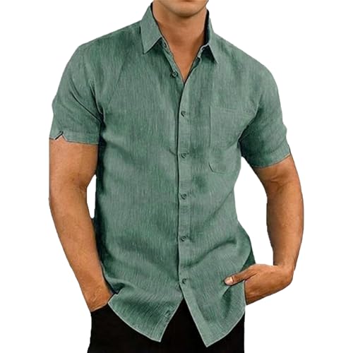 Chemise en lin homme manches courtes col été vêtement léger couleur unie