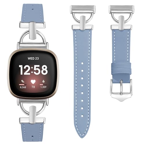 Shesyuki for Leather Versa Bands, Compatible with Fitbit Versa 3/Versa 4/Sense and Sense 2 Smart Watch, Dressy Watch Strap with D-Shape Metal Buckle for Women
