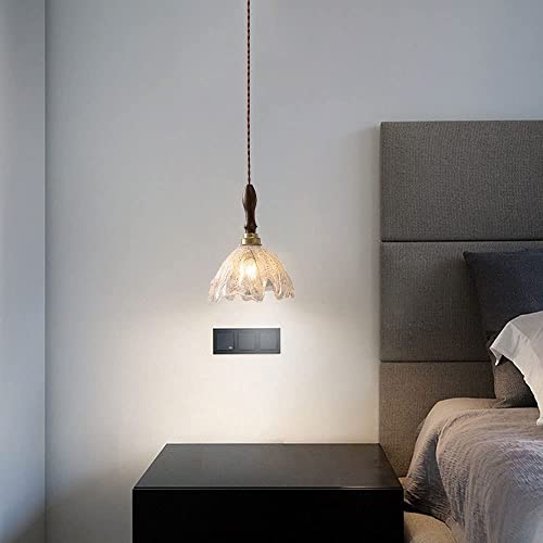 Lámpara colgante minimalista con pétalo de vidrio y mango de madera natural