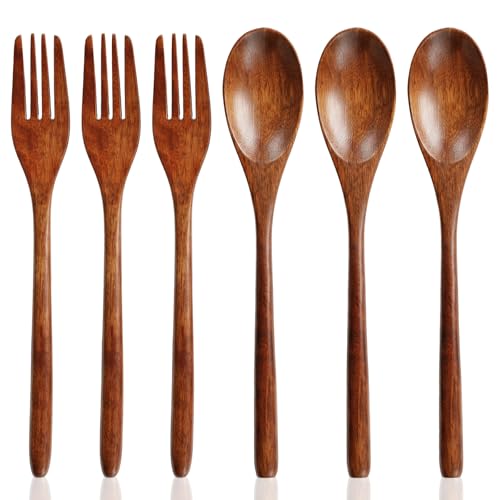 Wooden Spoon and Fork Set for Eating 9 Inch Reusable Lunch Wood Cutlery 3 Forks 3 Spoons Japanese Korean Style Flatware Small Eating Forks Spoons Utensils