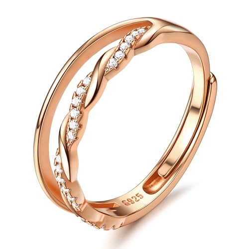Milacolato 925 Bague en Argent Sterling Délicate Torsadée Zircone Cubique Éternité Promesse Alliance de Pouce Réglable en Or Rose pour Femmes Dames Filles