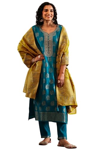 Image of Libas Woven Design Silk Blend Straight Kurta With Trousers and Dupatta