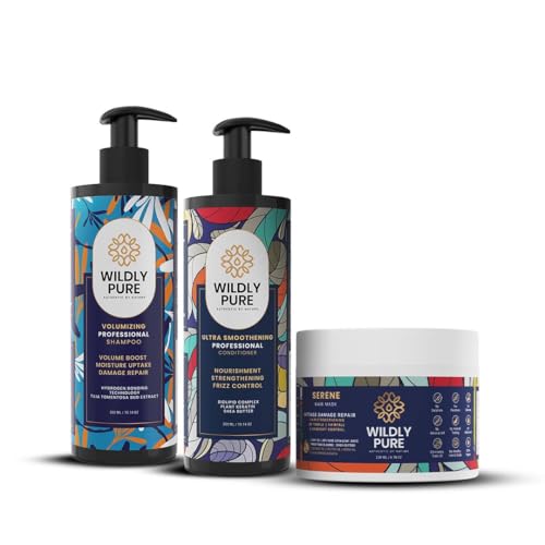 Image of WILDLY PURE Volumizing Care Kit with Shampoo, Conditioner & Mask | 30% Thicker Hair & 12-Hour Volume Boost | Enriched with 12 Oils, Plant Keratin & 40% Aloe Vera | Ideal for Thin, Wavy & Dull Hair | Sulphate & Paraben Free | Pack of 3