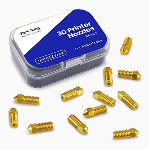 3D Printer Nozzles 12 pcs M5/M5C Nozzle, Park Sung Brass Nozzles with High Temperature Resistance Upgraded Fully Fit for AnkerMake M5/M5C Ender 3 V2 Ender 3/3 pro,0.2mm,0.4mm, 0.6mm, 0.8mm Nozzle Kit