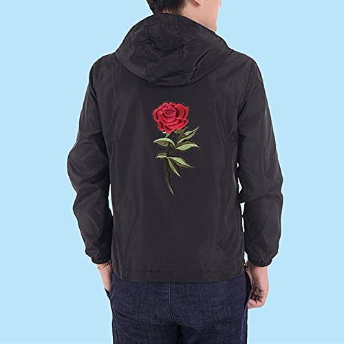 Rexcyril Men's Rose Floral Windbreaker Hooded Jacket Lightweight Solid Color Casual Full Zip Flower Coat Large Black - Thumbnail 7