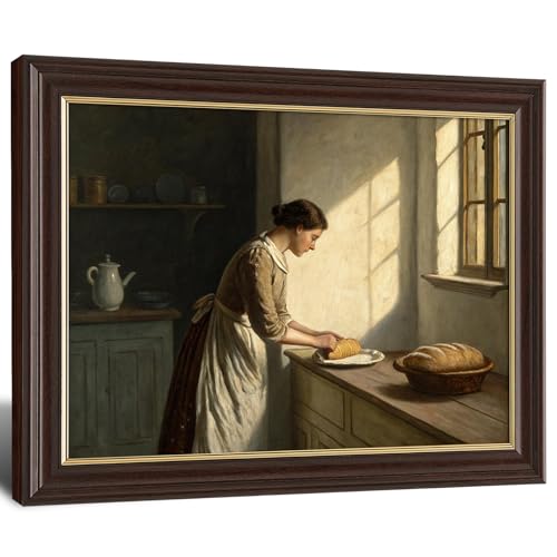 Image of Vintage Framed Kitchen Woman Canvas Art, Antique Bread Making Oil Painting Canvas Prints Pictures, Farmhouse Wall Decor for Living Room Bedroom Dining Room