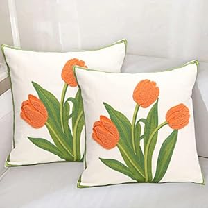 Pack of 2 Embroidered Decorative Throw Pillow Cover 18x18 Inch Farmhouse Floral Pillowcase for Living Room Sofa Bed (Orange Tulip) Pack of 2 Embroidered Decorative Throw Pillow Cover 18×18 Inch Farmhouse Floral Pillowcase for Living Room Sofa Bed Orange Tulip