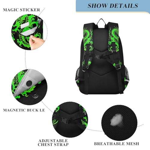 Green Dragon Black Backpack for School Boys Girls, Front Flap School Bag, 17 Inch Durable Backpack for Kids, Age 6-123