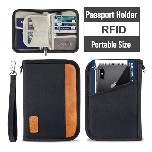 Passport Holder for Famliy Travel Wallet Passport Wallet Document RFID Blocking Organizer with Zipper Clutch Bag Flight Ticket Credit Cards Men Women (Black)3