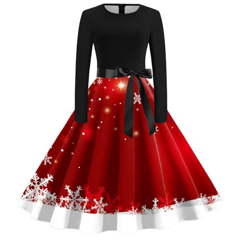 Weihnachtskleid Damen Elegant Sexy Weihnachten Partykleid Langarm Vintage Cocktailkleid - Rockabilly Weihnachts Kleider mit Lustig Rentiermuster A...