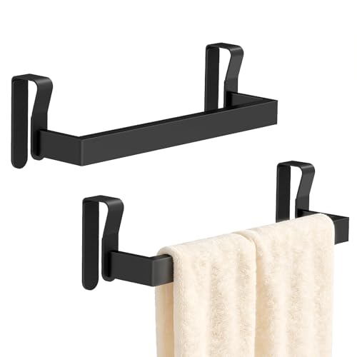 STWWO Over The Door Towel Rack Kitchen Towel Holder Stainless Steel Towel Bar for Over Cabinet Cupboard Door Kitchen Hanger 2 Pack (Black)