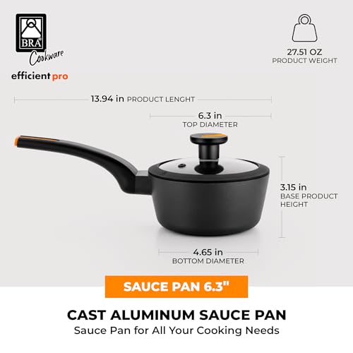 Image of BRA COOKWARE Efficient Pro Nonstick Saucepan w /Lid | 6.3 Inch 1.13 Quart Shallow Pot | 3-Layer Scratch Resistant Coating | PFOA Free Low Pot | All Cooktops Soup Pan | Ergonomic Heat-Resitant Handles