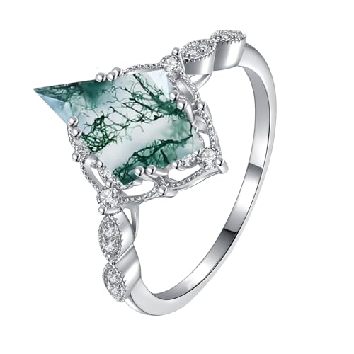 Black Moss Agate Ring for Women 18K White Gold Filled 925 Sterling Silver Personalized Bridal Wedding Promise Rings Engagement Ring Valentine's Day Anniversary Jewelry for Her Wife3