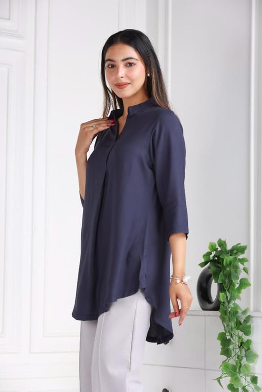Image of Mlada Rayon Flare Top for Women | 3 /4th Sleeve Regular Fit and Flare Top | Women Office Tops Tunic | Western Long Shirt Top for Women | Shirt Collar Top for Women | Rayon Tunic Tops for Women Western