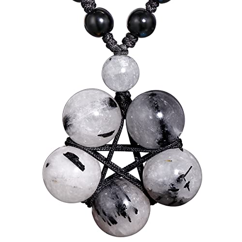 Jewever Stones Necklaces For Women Handmade Star-Shape Adjustable Energy Gemstone Crystals And Healing Stones 12Mm Beads Unisex (Black Rutilated Quartz) #TOP8