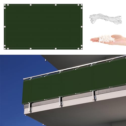 Parabrezza per balcone, 150 x 850 cm, con protezione UV, per cortile, veranda, terrazza, verde scuro, con occhielli, fascette in nylon e corda