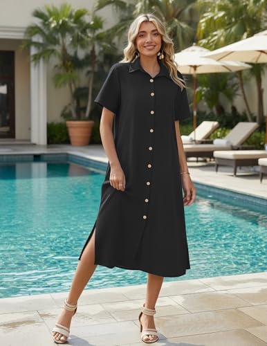 Image of HOTOUCH Womens Dress Summer Casual Midi Short Sleeve Button Down Shirt Dresses Loose Beach Cover Up with Pockets