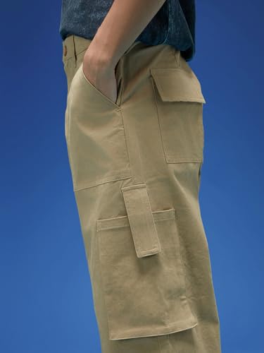 Image of Veirdo Baggy Fit with Button Closure Solid Lycra Woven Cargo Pants for Men (Colors: Beige, Black, Brown, Grey, Navy & Olive)