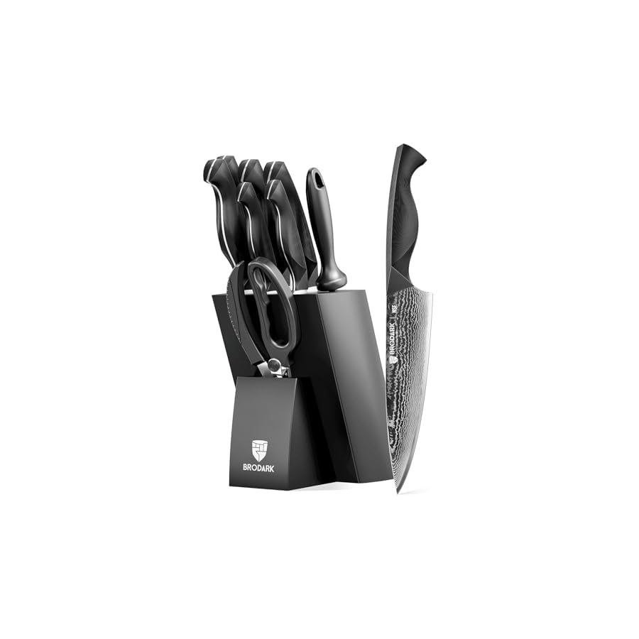 BRODARK Knife Set, Damascus Kitchen Knife Set with Block, 9 Pieces Sharp Professional Japanese Chef Knives with Ergonomic Full-Tang ABS Handle for Home, Restaurant -Christmas Gift, Dark Horse Series