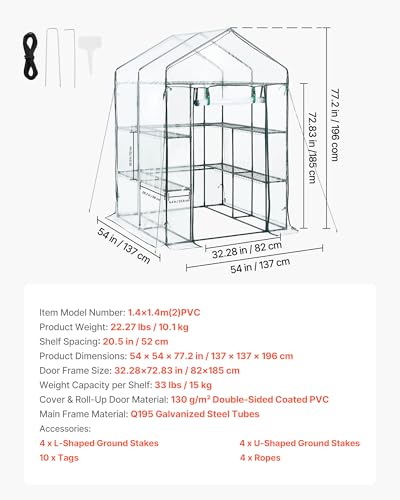 Image of VEVOR Walk-in Greenhouse, 54 inch x 54 inch x 77.2 inch Greenhouse for Outdoors with PVC Cover, 2 Tiers 10 Shelves, Roll-Up Zipper Door, Walk in Green House, Portable Plant Garden Hot House for Backyard Outside