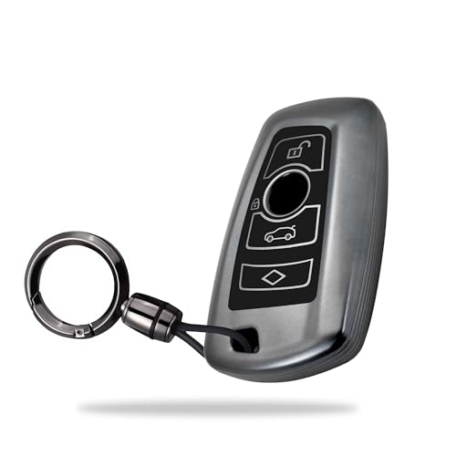 Image of SIAGO TPU Key Cover and Round Key Chain Compatible with BMW X4, X3, 5 Series, 6 Series, 3 Series, 7 Series 4 Button Flip Key (Grey)
