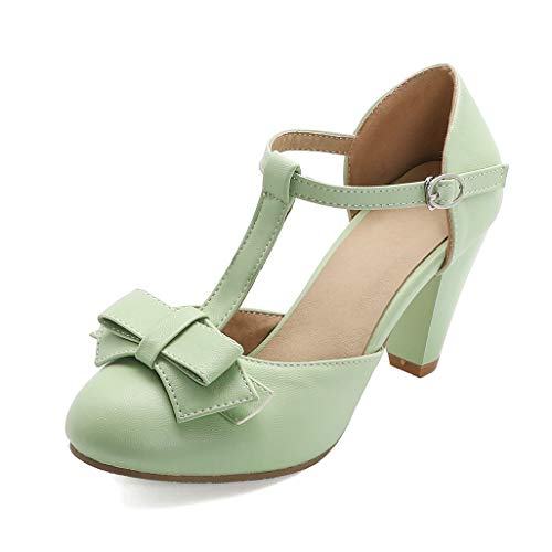 Shinelly Women Rockabilly Sweet T-Strap Cone Heel Mary Janes Adorable Round Toe Pumps With Bows(Mint Green,Us Size 8) #TOP1