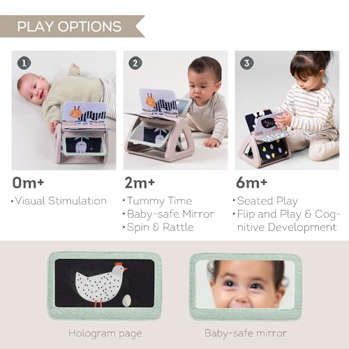 Image of Taf Toys Black & White Rattling Spinning Book High Contrast Newborn Baby Toy 0-6 6-12 Months with Mirror for Visual Stimulation, Tummy Time & Early Cognitive Development, Montessori Learning Activity