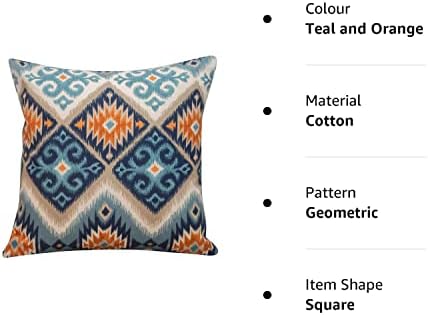 Linen Loft Printed Navajo Kilim Style Cushion Cover. Teal Blue and Burnt Orange Abstract Geometric Design. 17"x17" (43cm) Square Pillow Case, 100% Cotton, Double Sided. Native American Style.