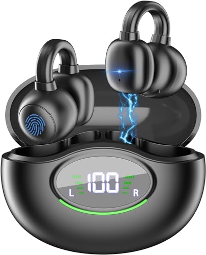 Premium Wireless Earbuds,New Clip On Headphones with Ear Cushions,2024 Bluetooth 5.3,Noise Canelling,4HD Mic,Waterproof,80hrs Playtime.for Sports,Running,Workout,Travel,Office.Android & IOS (Black)