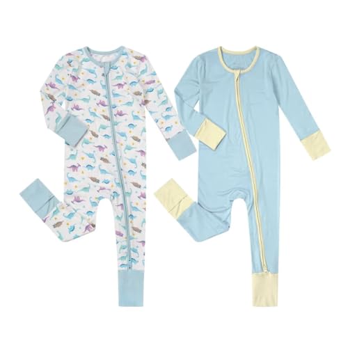 Image of Teach Leanbh Unisex Baby 2 Pack Bamboo Viscose Pajamas with Mittens and Feet Cuffs 2 Way Zipper Long Sleeve Romper