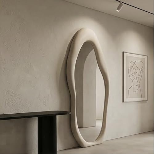 Image of The Artment Fluid Reflection Unbreakable Full-Length Asymmetrical Shape Mirror with Plush Velvet Beige Color Frame, Floor-Standing or wall-Leaning Design for Bedroom & Dressing Area (160 X 60 CM)