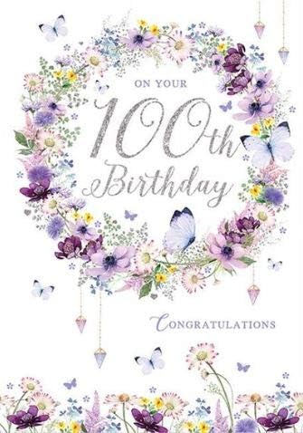 Pizazz Pretty Female Birthday Card From the Range - On Your 100th Birthday - Artistic Floral Wreath and Butterflies - Stunning Flitter and Foil Finish - Greeting Card For Her (NQ-DS609)