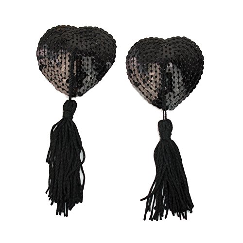 Refaxi 1 Pair Black Lingerie Sequin Heart-shaped Tassel Breast Bra Nipple Cover Pasties