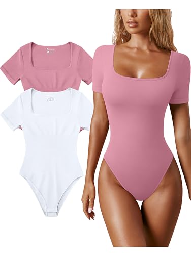 Image of OQQ Women's 2 Piece Bodysuits Sexy Ribbed One Piece Square Neck Short Sleeve Bodysuits