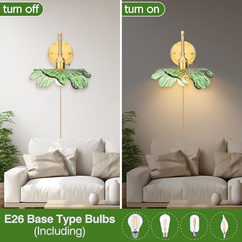 Image of Green Sconce Plug in Wall Sconces Vintage Wall Lamp with Green Glass Shade - Plug in or Hardwired Brass Finish Light Fixture for Bedroom, Living Room, Bathroom Lighting