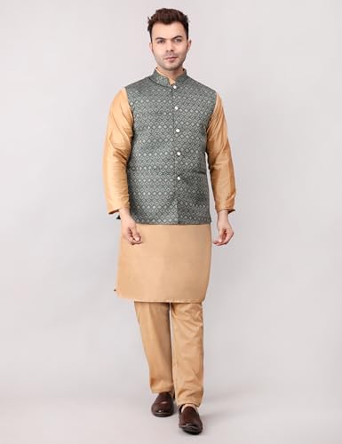 Image of Men's Cotton Silk Blend Regular Kurta Pyjama, Embroidered Nehru Jacket /Waistcoat Set