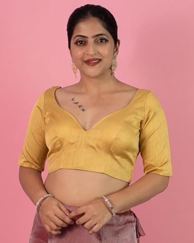 Image of FIGURE'S DESIGNER Women's Dupion Raw Silk Half Elbow Sleeves Sweetheart V Neck Sabyasachi Cut Readymade Saree Blouse S10