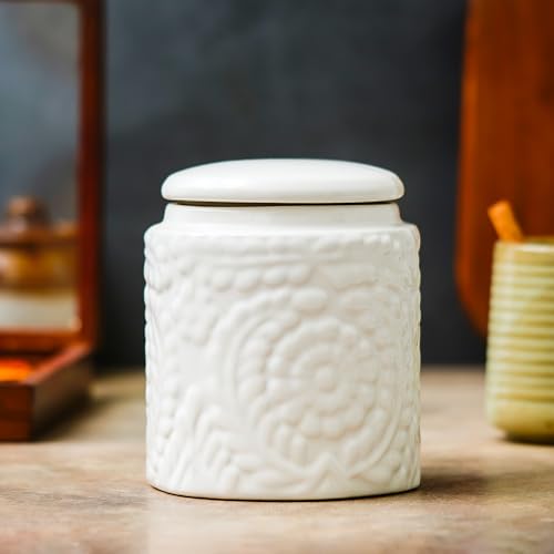 Image of Ceramic Storage Jar for Kitchen 800 ml | Ceramic Container for Tea, Coffee, Sugar & Spices | Airtight Pickle /Barni Jars with Lid | Multipurpose Countertop Food Storage Canister for Home | White