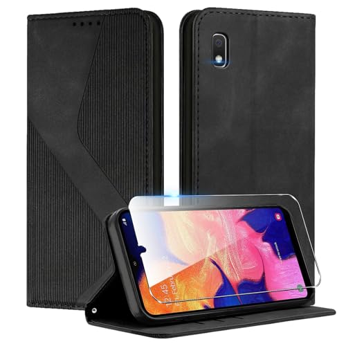 Coiwxmoi Cover per Samsung Galaxy A10 con 1 Vetro Temperato, Custodia Pelle PU con Carte, Magnetica Funzione Supporto, Case Protettiva a Portafoglio con Chiusura a Libro, Nero