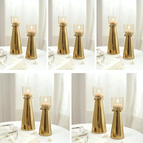 Image of Behoma Handcrafted Gold Tea Light Candle Holders Pack of 5 Sets | Premium Metal & Glass Candle Stand Set | Decorative Table Centerpiece for Home Decor, Diwali, Wedding & Housewarming