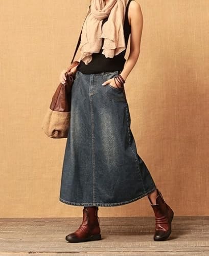 chouyatou Women's Y2k Casual Elastic High Waist Split Jean Skirt Distressed A Line Long Midi Denim Skirt3